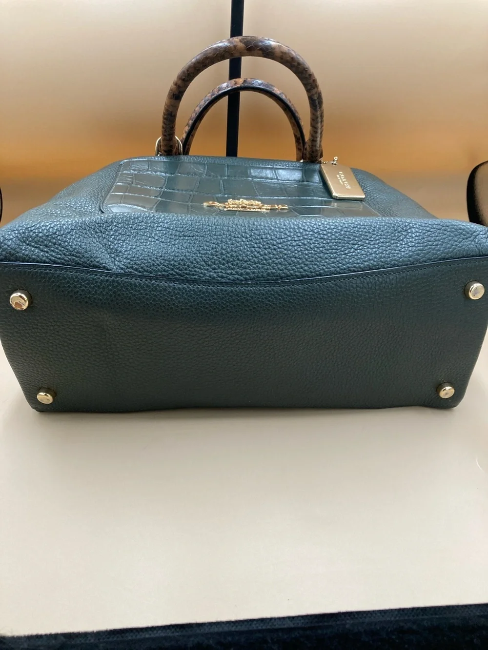 Coach Teal Leather Satchel with Brown Snake-Print Handles